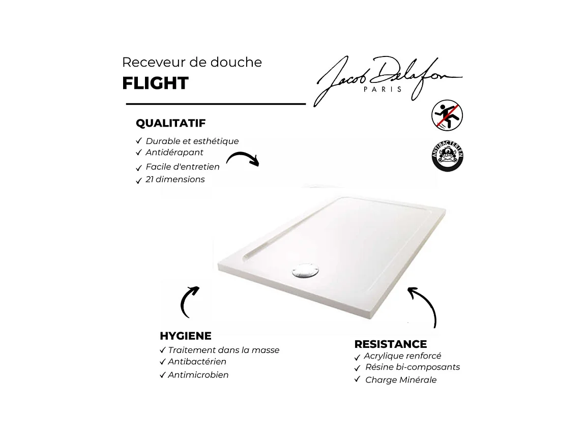 Receveur de douche JACOB DELAFON Flight rectangle extra plat antidérapant 160 x 76 cm