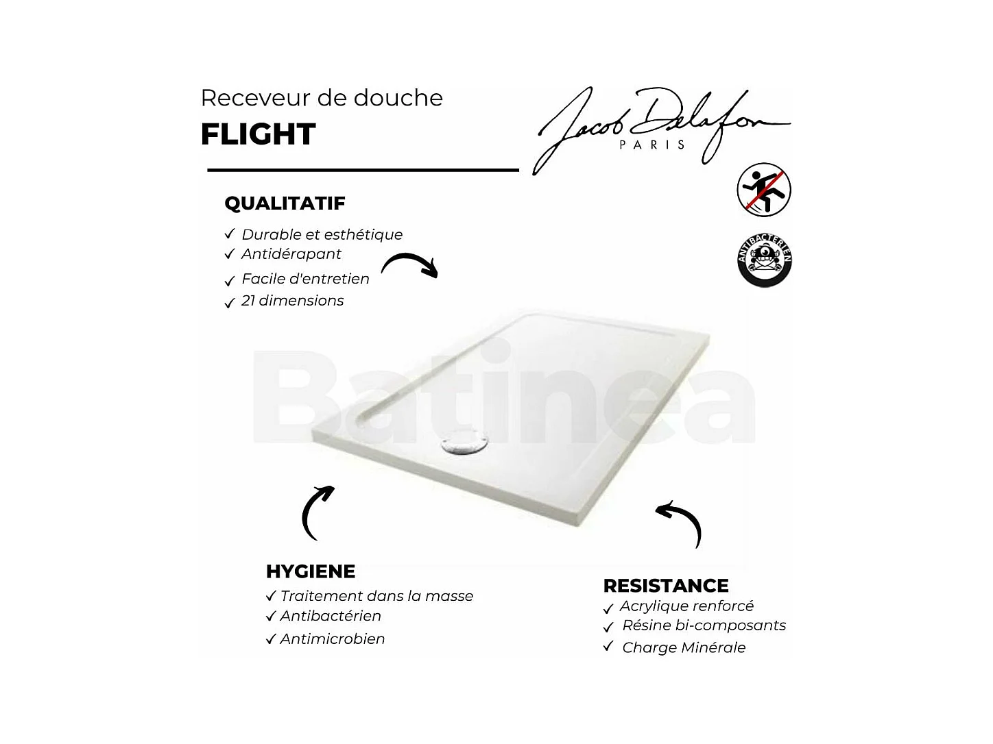 Receveur de douche JACOB DELAFON Flight rectangle extra plat antidérapant 90 x 76 cm