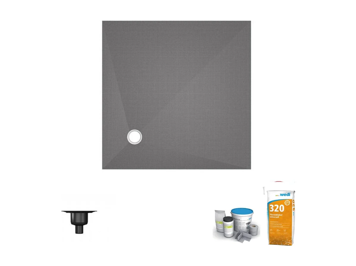 Receveur de douche à carreler 100 x 100 WEDI Fundo Primo écoulement excentré + bonde verticale + kit d'étanchéité + colle 320