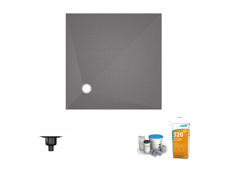 Receveur de douche à carreler 100 x 100 WEDI Fundo Primo écoulement excentré + bonde verticale + kit d'étanchéité + colle 320