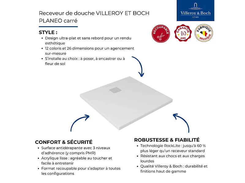 Receveur 80 x 80 VILLEROY ET BOCH Planeo acrylique carré nature creme