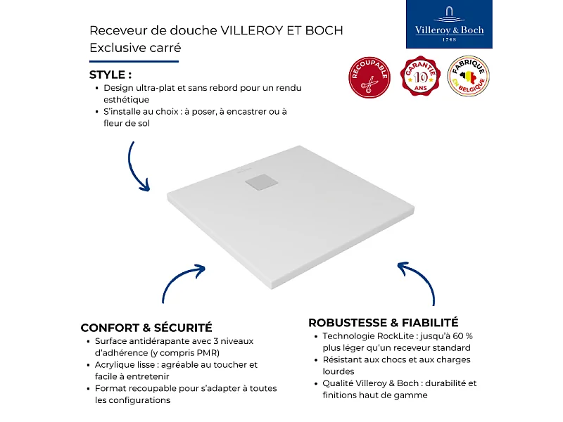 Receveur découpable 100 X 100 VILLEROY ET BOCH Exclusive carre blanc
