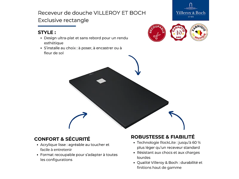 Receveur découpable 160 X 80 VILLEROY ET BOCH Exclusive rectangle anthracite