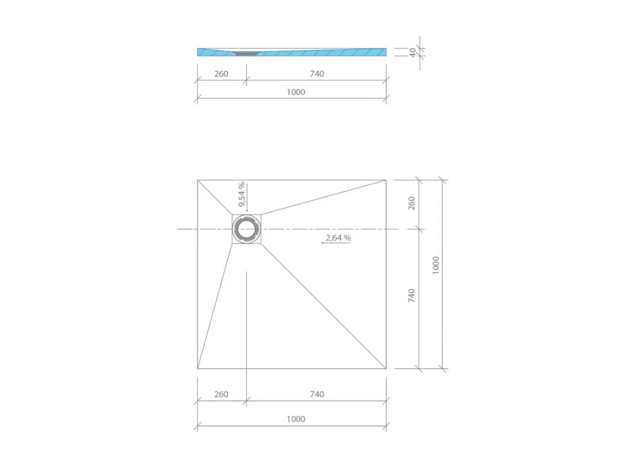 Receveur de douche à carreler 100 x 100 WEDI Fundo Primo carré écoulement excentré + bonde verticale + kit d'étanchéité