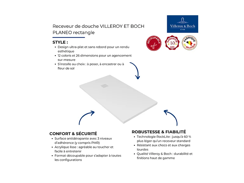 Receveur antidérapant 90 x 80 VILLEROY ET BOCH Planeo acrylique rectangle stone white