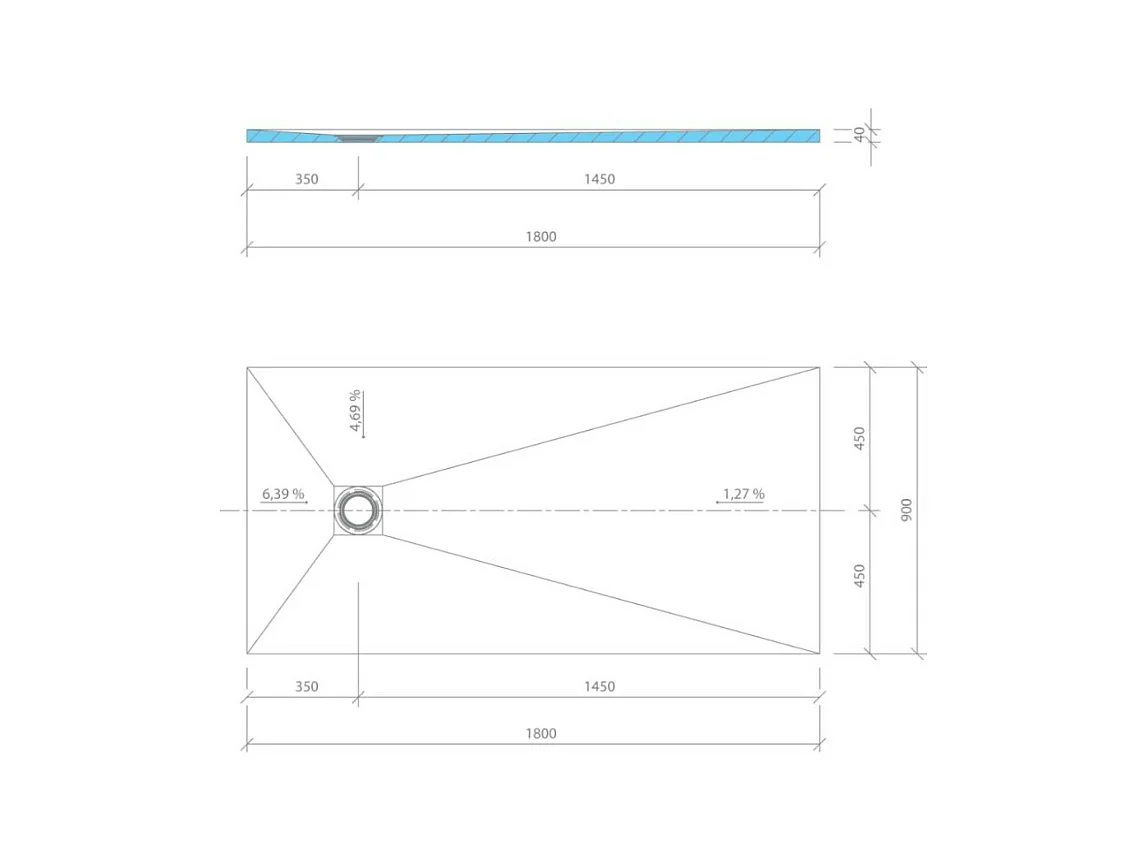 Receveur de douche à carreler 180 x 90 WEDI Fundo Primo rectangle écoulement excentré + recouvrement top blanc