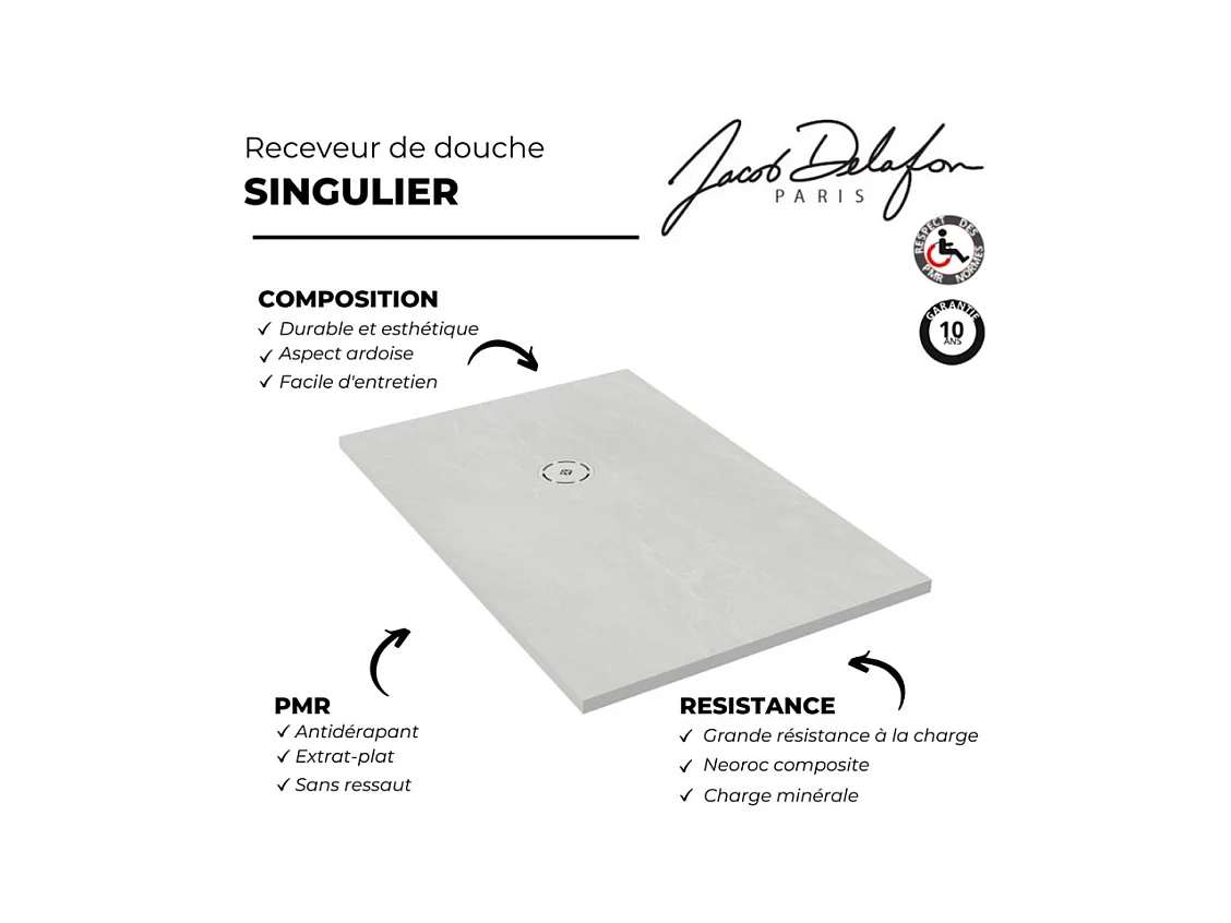 Receveur de douche 140 x 80 JACOB DELAFON Singulier neoroc rectangle blanc + bonde