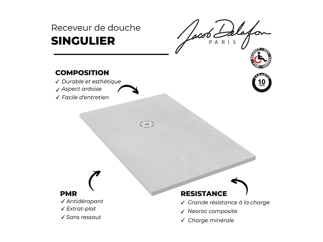 Receveur de douche 140 x 80 JACOB DELAFON Singulier neoroc rectangle blanc + bonde