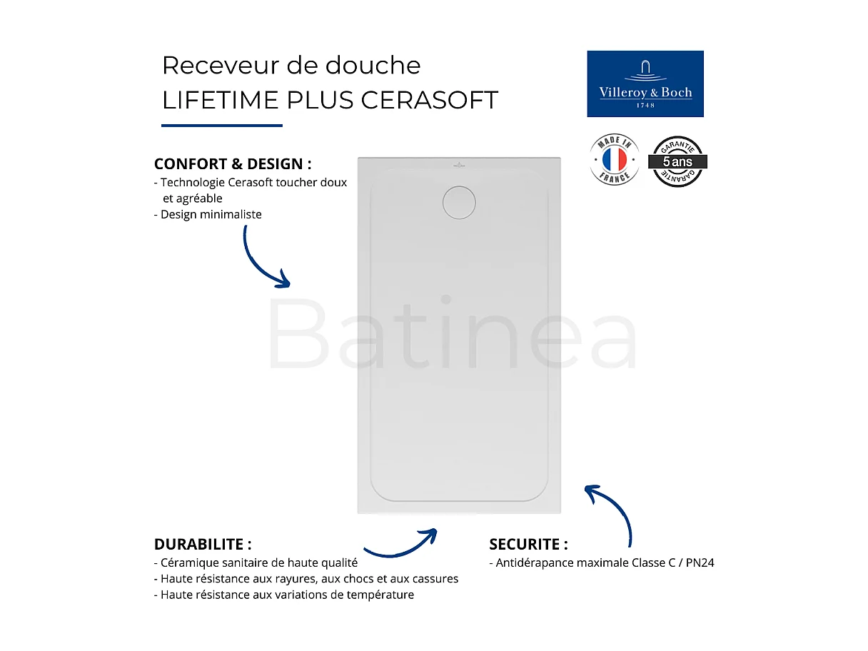 Receveur de douche antidérapant 120 x 80 VILLEROY ET BOCH Lifetime Plus Cerasoft céramique blanc