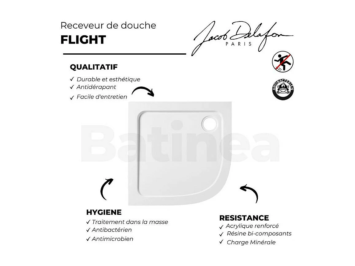 Receveur douche antidérapant JACOB DELAFON Flight, quart de rond 90 x 90 cm