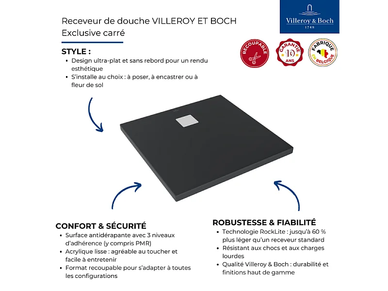 Receveur découpable 80 X 80 VILLEROY ET BOCH Exclusive carre anthracite