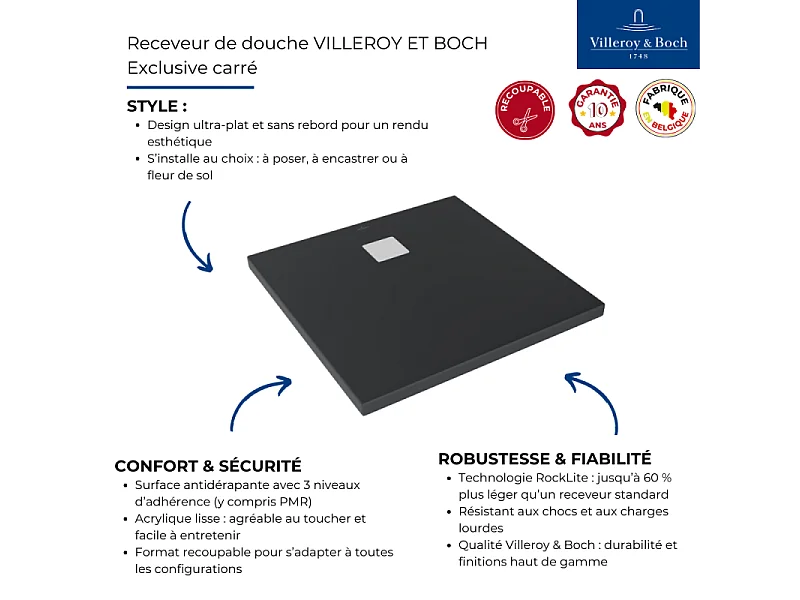 Receveur découpable 80 X 80 VILLEROY ET BOCH Exclusive carre anthracite