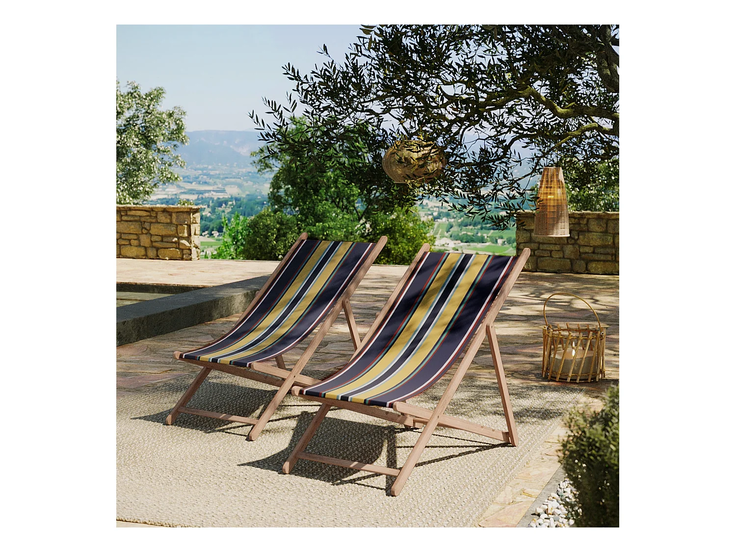 Lot de 2 chiliennes pliantes règlables - 100 % coton - bois hêtre - multicolore - MIMBASTE
