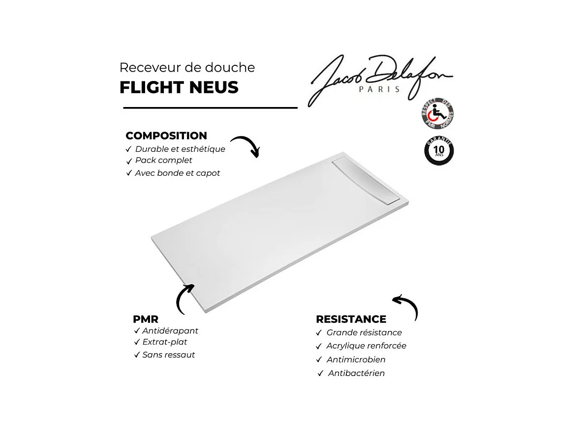 Receveur de douche antidérapant 140 x 80 JACOB DELAFON Flight Neus acrylique rectangle blanc + bonde + capot