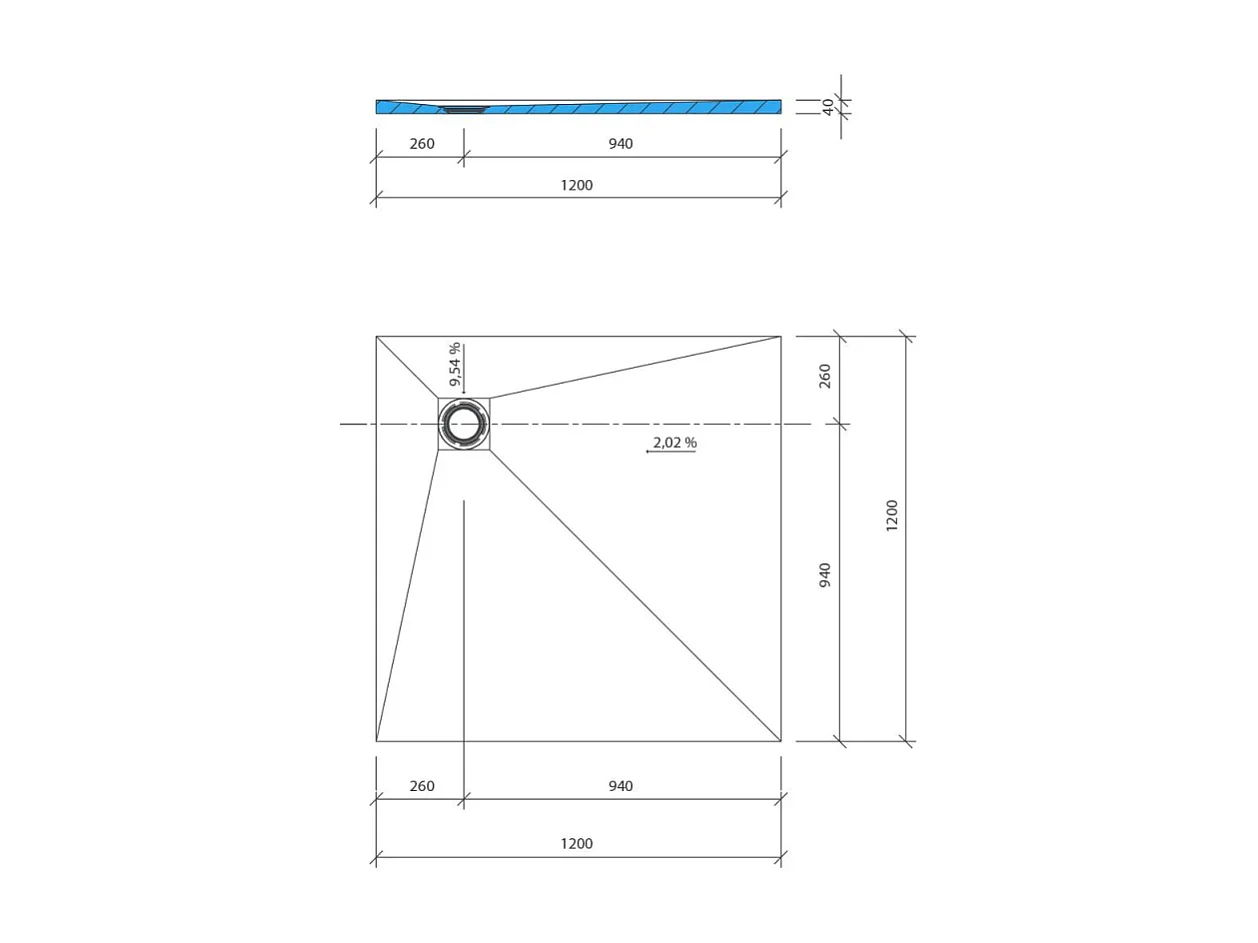 Receveur de douche à carreler 120 x 120 WEDI Fundo Primo écoulement excentré + bonde horizontale + kit d'étanchéité + colle 320