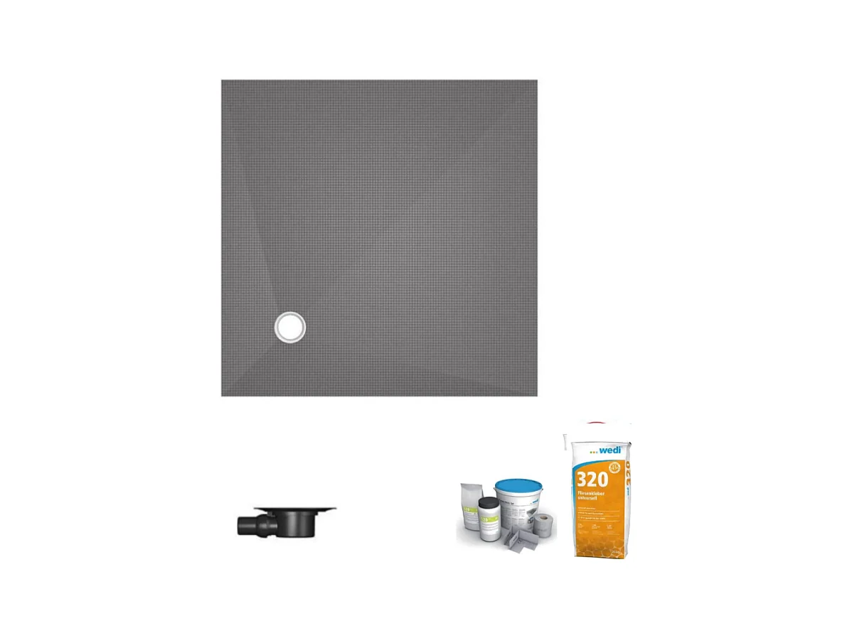 Receveur de douche à carreler 120 x 120 WEDI Fundo Primo écoulement excentré + bonde horizontale + kit d'étanchéité + colle 320