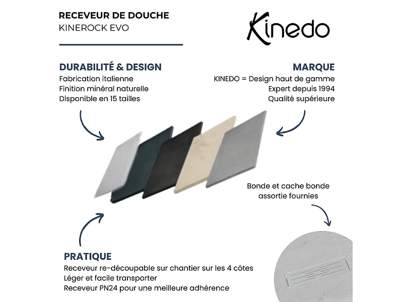 KINEDO Receveur 120 x 90 Kinerock evo biolex rectangle gris pierre