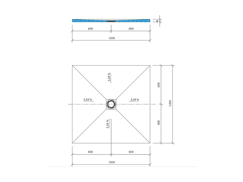 Receveur de douche à carreler 120 x 120 WEDI Fundo Primo carré écoulement centrée + bonde verticale + kit d'étanchéité