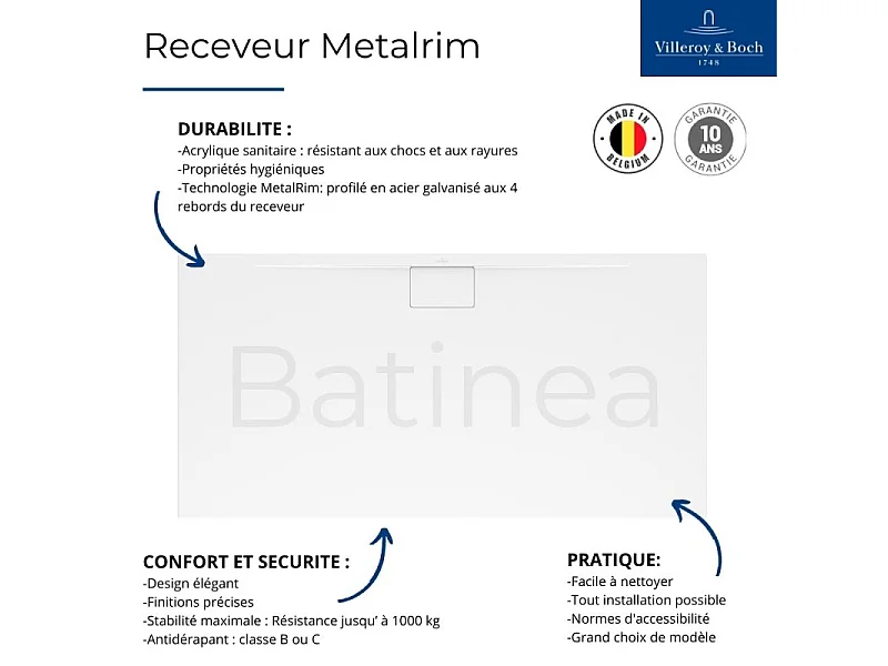 Receveur antidérapant 120 x 80 x 4,8 VILLEROY ET BOCH Architectura Metalrim acrylique rectangle edelweiss