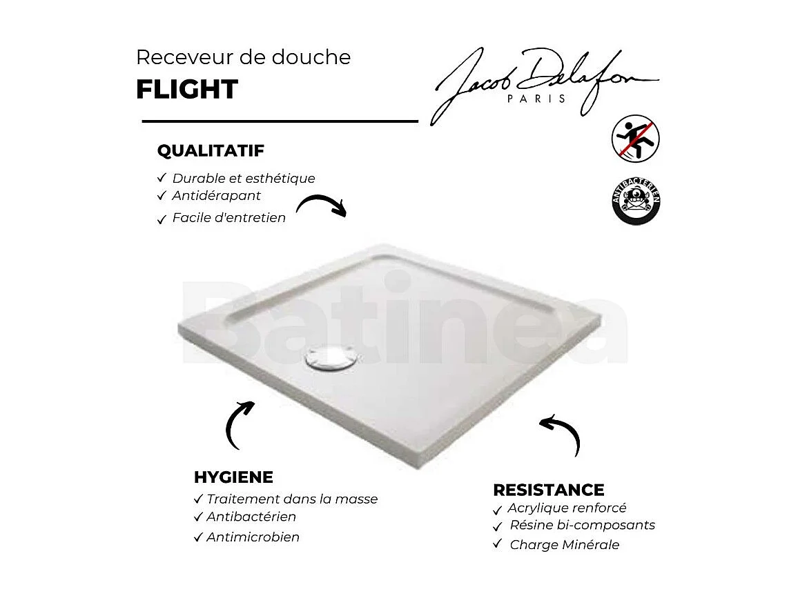 Receveur douche antidérapant JACOB DELAFON Flight carré extra-plat 100 x 100
