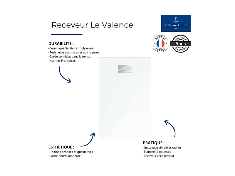 Receveur de douche zéro ressaut 100 x 80 VILLEROY ET BOCH Le Valence céramique avec cache bonde