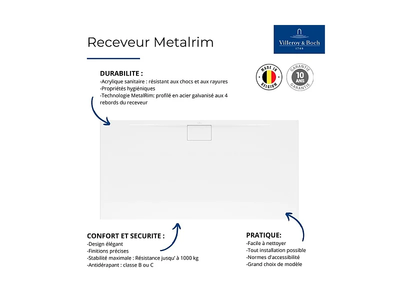 Receveur antidérapant 170 x 70 VILLEROY ET BOCH Architectura Metalrim acrylique rectangle blanc