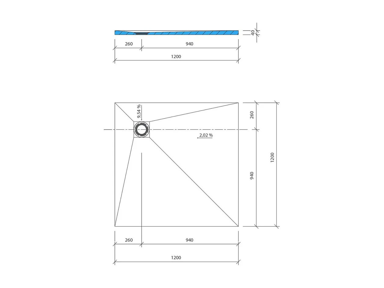 Receveur de douche à carreler 120 x 120 WEDI Fundo Primo écoulement excentré + bonde verticale + kit d'étanchéité + colle 320