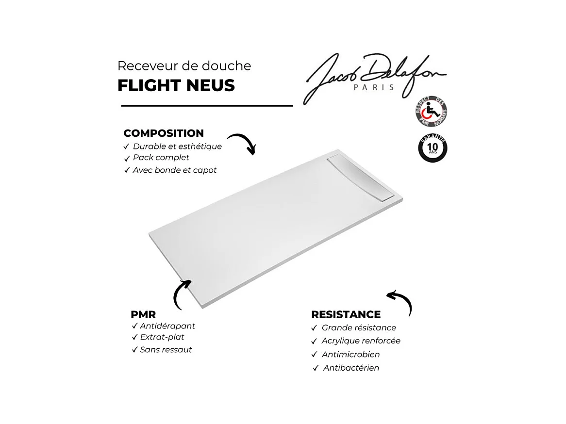 Receveur de douche antidérapant 150 x 80 JACOB DELAFON Flight Neus acrylique rectangle blanc + bonde + capot