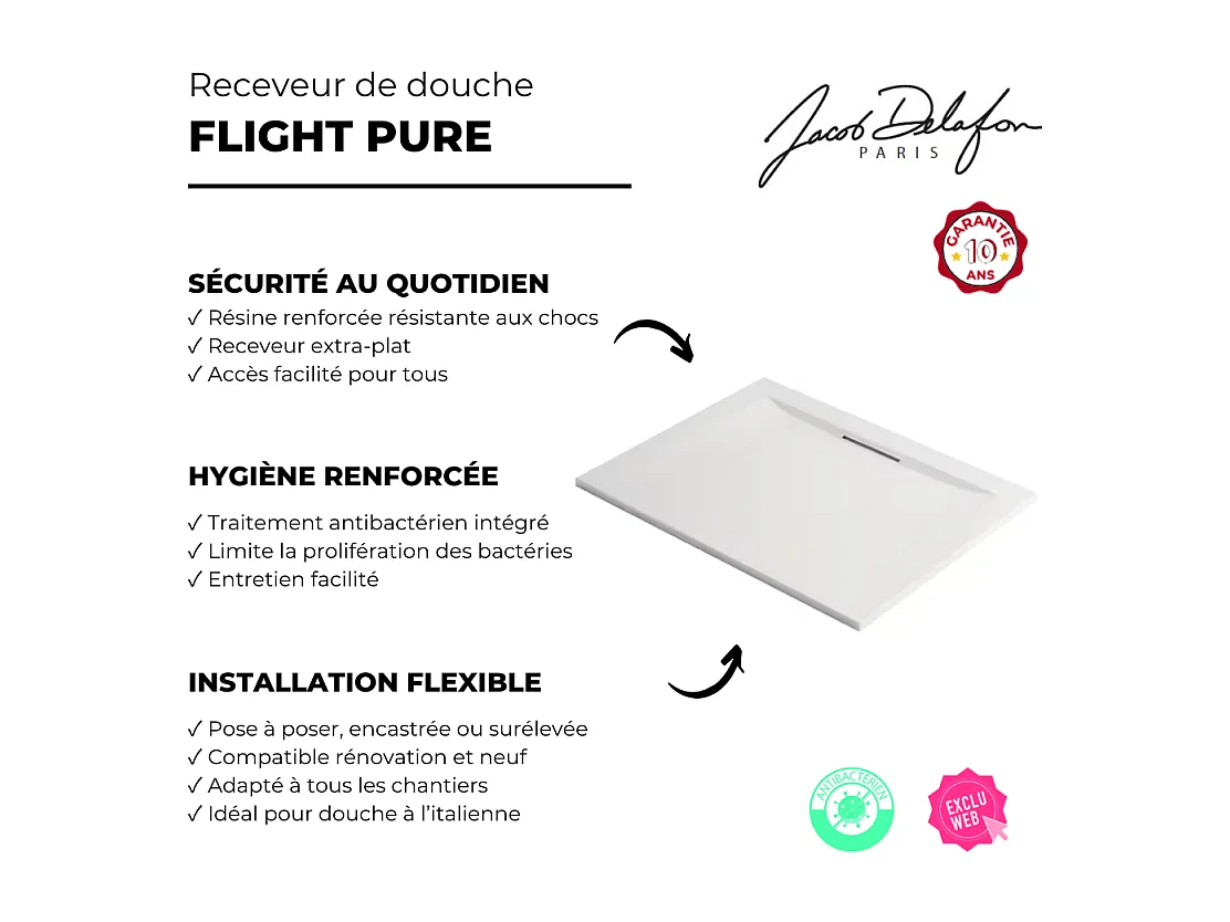 Receveur de douche JACOB DELAFON Flight Pure extra-plat, sans ressaut 170 x 80, rectangle