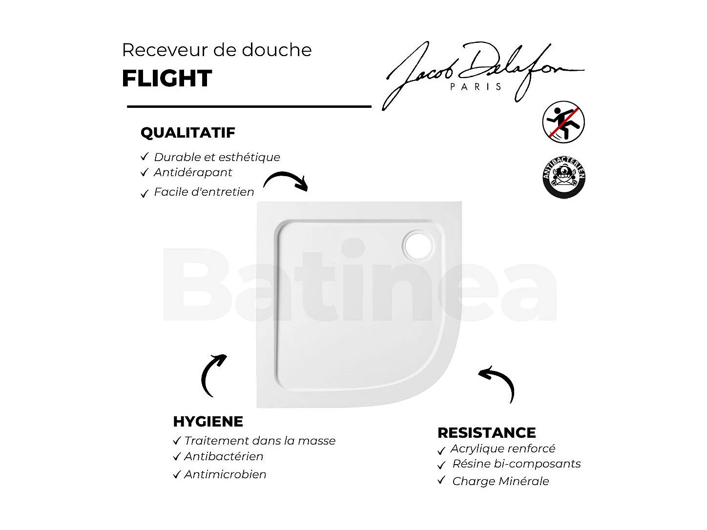 Receveur de douche antidérapant 100 x 80 JACOB DELAFON Flight quart de rond angle à droite