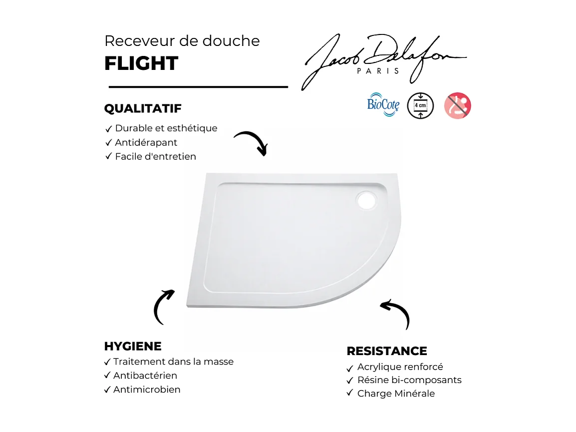 Receveur de douche extra-plat 90 x 90 cm JACOB DELAFON Flight Quart de rond Blanc