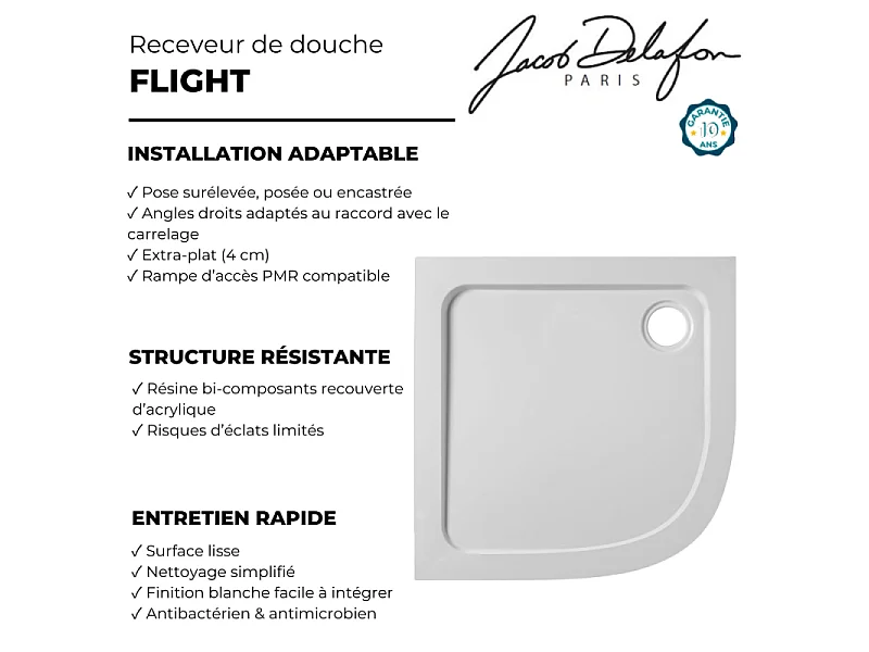 Receveur de douche 90 x 90 cm JACOB DELAFON Flight quart de rond blanc