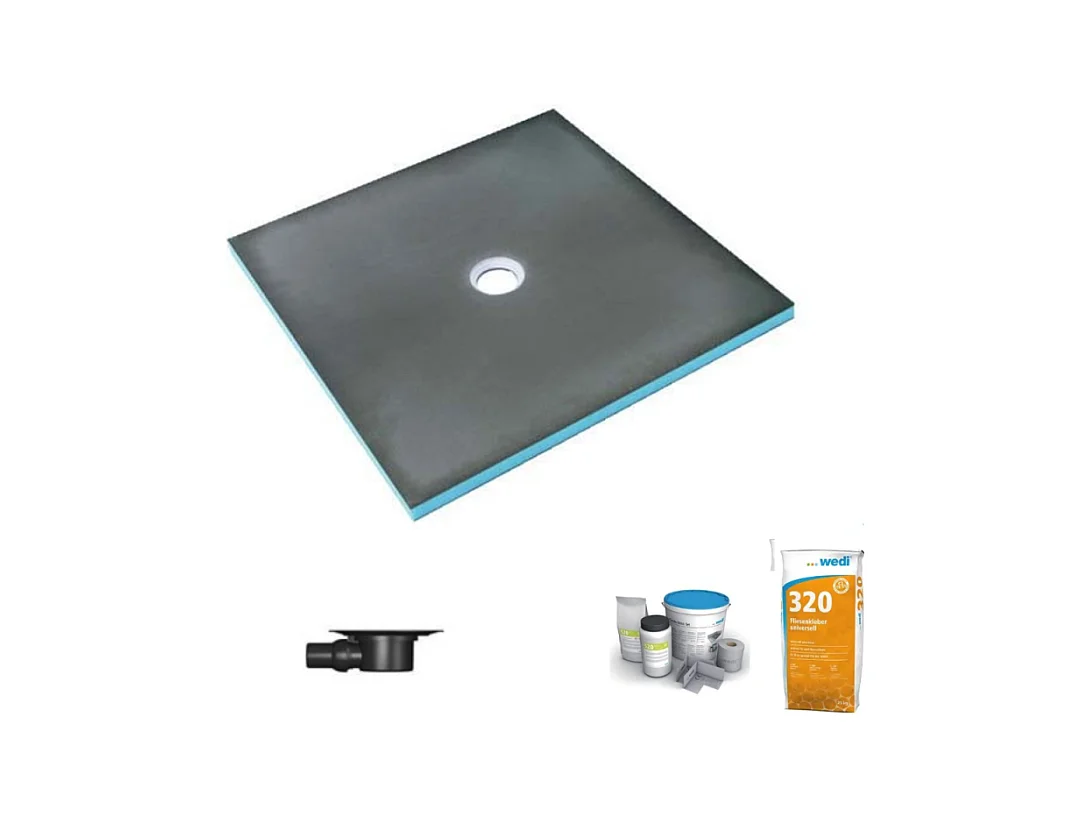 Receveur de douche à carreler 120 x 120 WEDI Fundo Primo écoulement centrée + bonde horizontale + kit d'étanchéité + colle 320