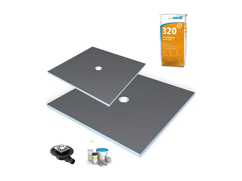 Receveur de douche à carreler 100 x 100 WEDI Fundo Primo écoulement centrée + bonde horizontale + kit d'étanchéité + colle 320