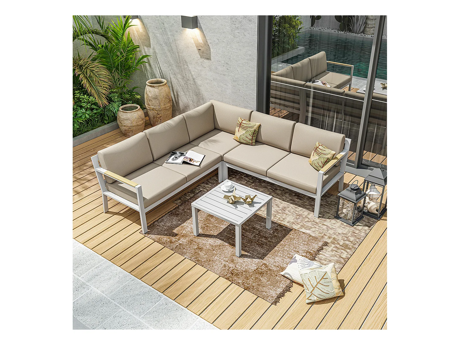 Salon de jardin d'angle design en aluminium 5 places - blanc beige - PASSY