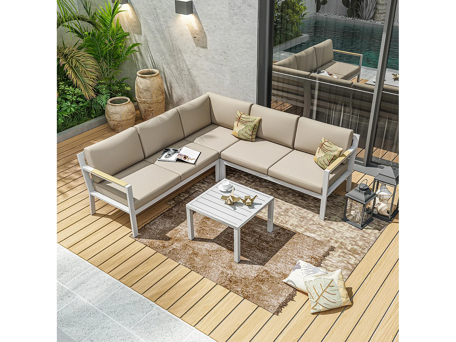 Salon de jardin d'angle design en aluminium 5 places - blanc beige - PASSY