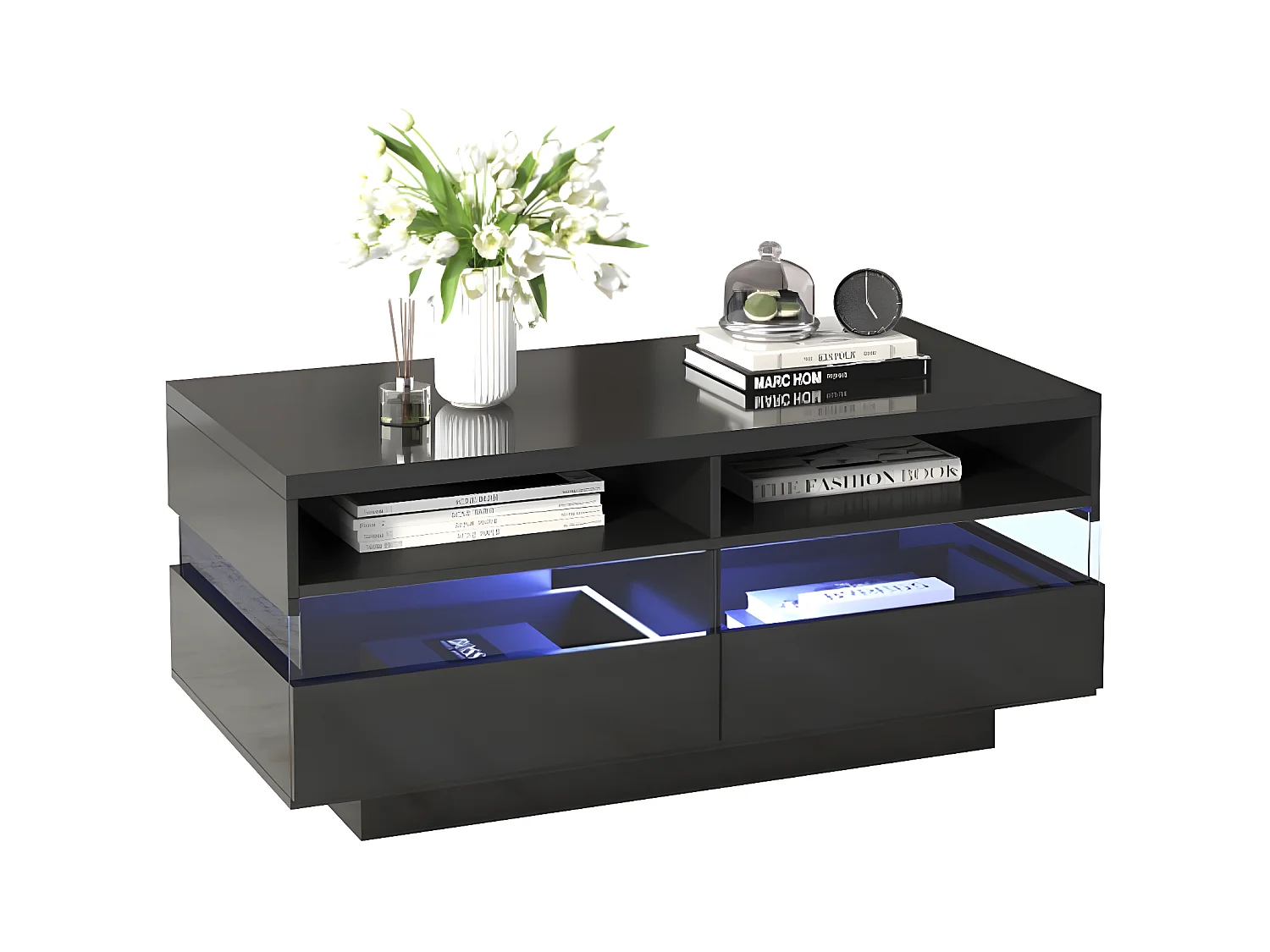 Table basse avec deux compartiments de rangement et deux tiroirs