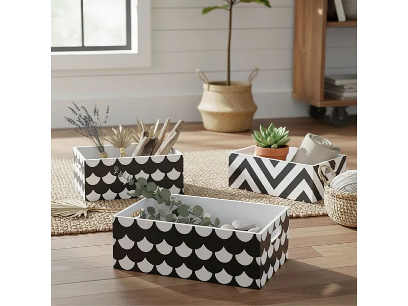 Set di 3 Scatole MDF bianchi e neri 15x40x28/13x35x23/11x30x18cm