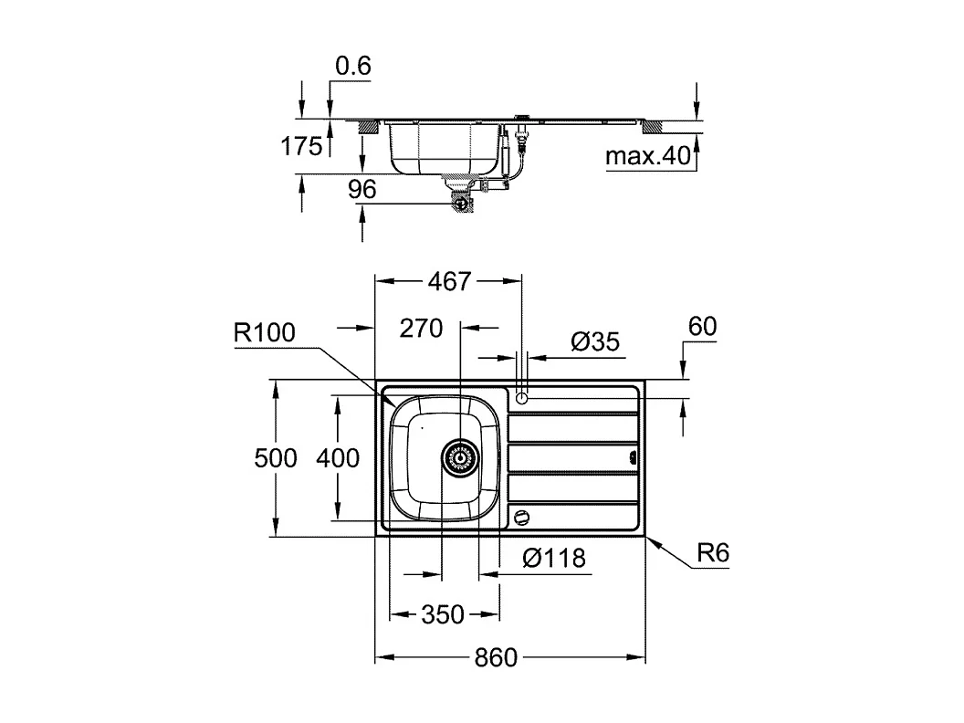 GROHE Evier 1 cuve avec égouttoir réversible en acier inoxydable K200