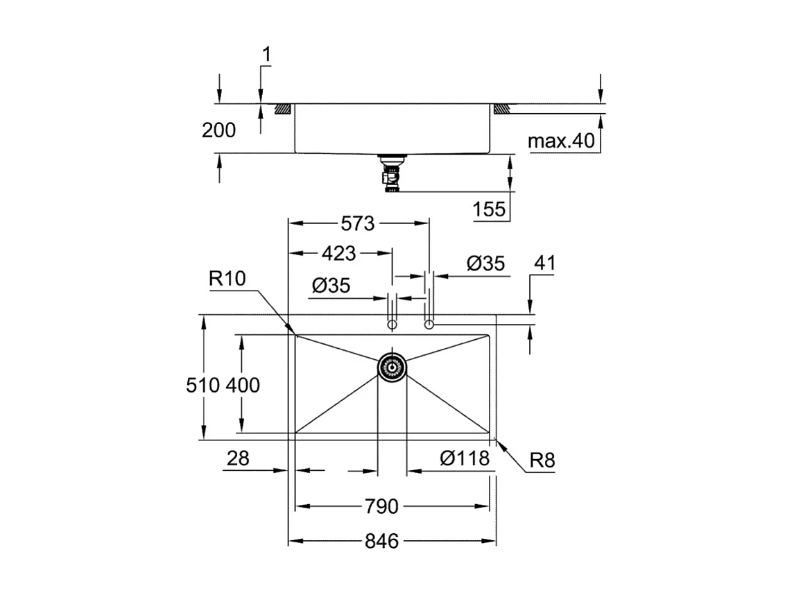 Lavello in acciaio inox GROHE K800 1 vasca 84,6x51 cm finitura satinata StarLight installazione rapida
