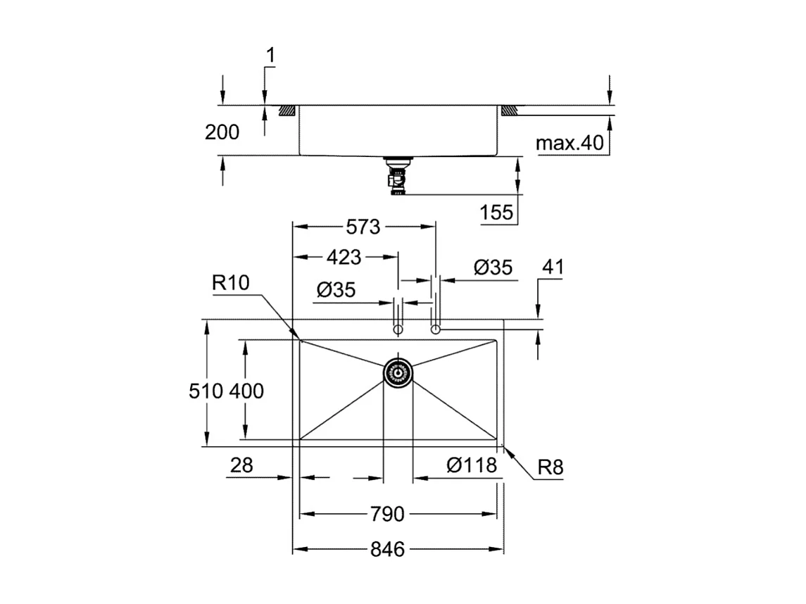 Lavello in acciaio inox GROHE K800 1 vasca 84,6x51 cm finitura satinata StarLight installazione rapida