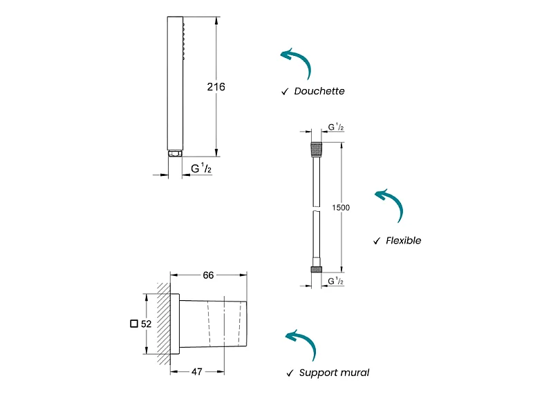 Douchette GROHE Vitalio Joy Cube Stick avec flexible 150 cm et support mural
