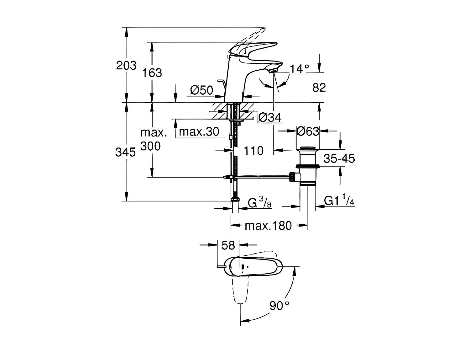 Mitigeur lavabo GROHE Quickfix Wave 2015 avec tirette et vidage taille S