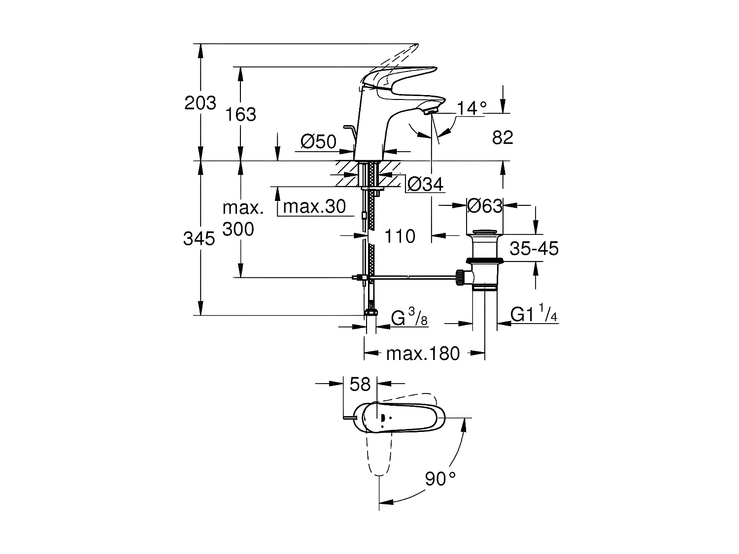 Mitigeur lavabo GROHE Quickfix Wave 2015 avec tirette et vidage taille S