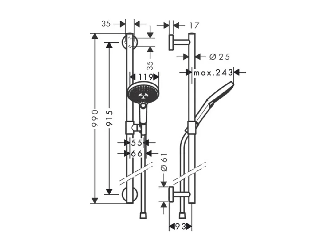 Ensemble de douche 120 3jet avec barre de douche 90 cm chromé Hansgrohe Raindance Select S