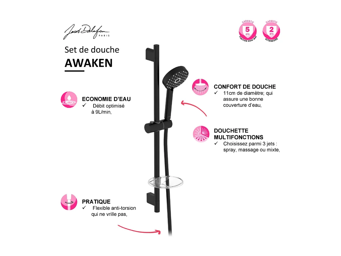 Pommeau de douche + barre + flexible JACOB DELAFON Awaken noir mat