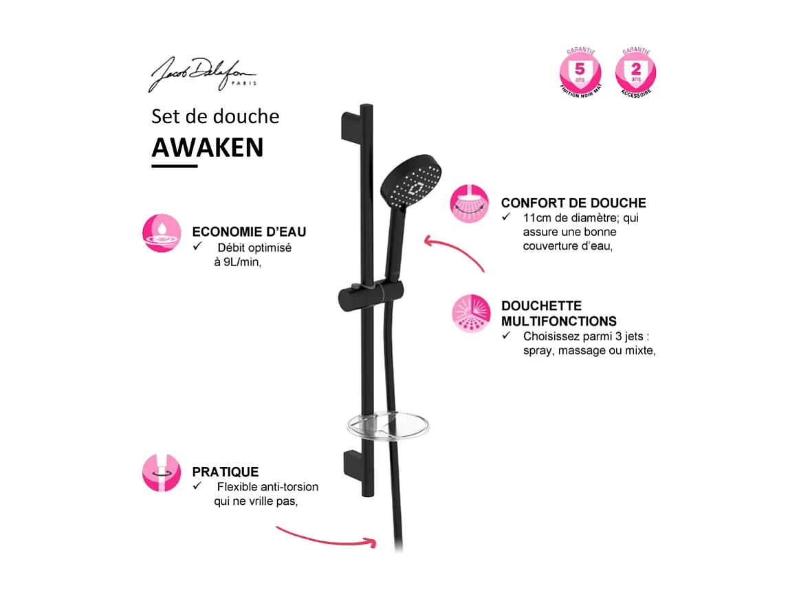 Pommeau de douche + barre + flexible JACOB DELAFON Awaken noir mat
