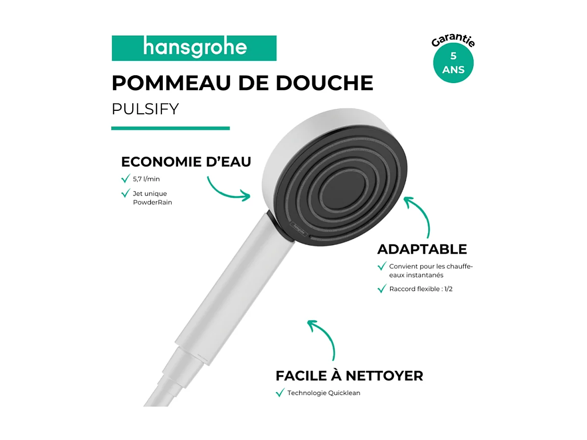 HANSGROHE Douchette à main 105 1jet EcoSmart 9l/min blanc mat Pulsify