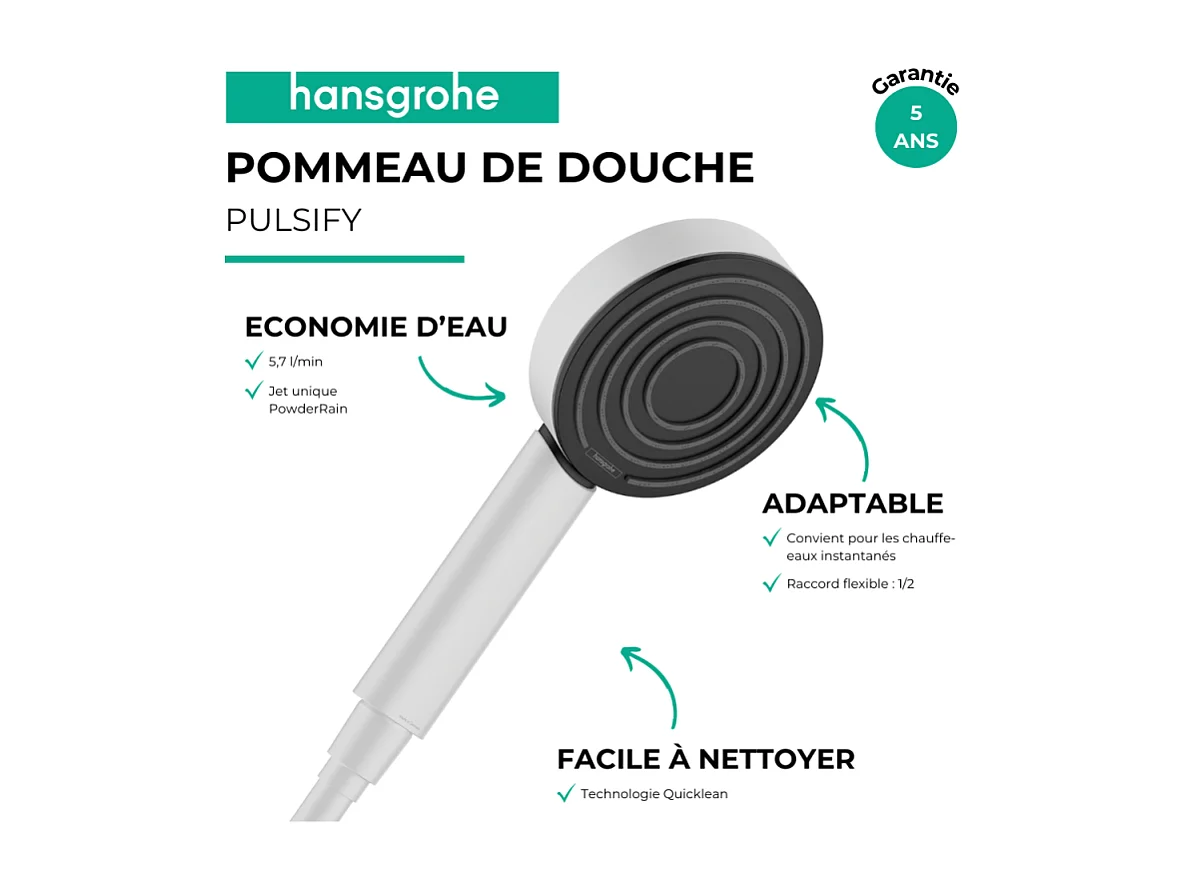 HANSGROHE Douchette à main 105 1jet EcoSmart 9l/min blanc mat Pulsify