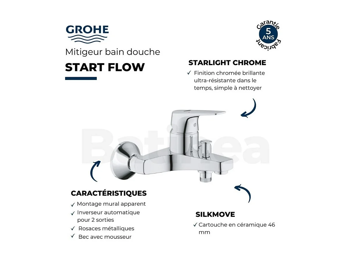 GROHE Start Flow Chroom Bad/douchemengkraan Longlife 46mm StarLight - 5 jaar garantie
